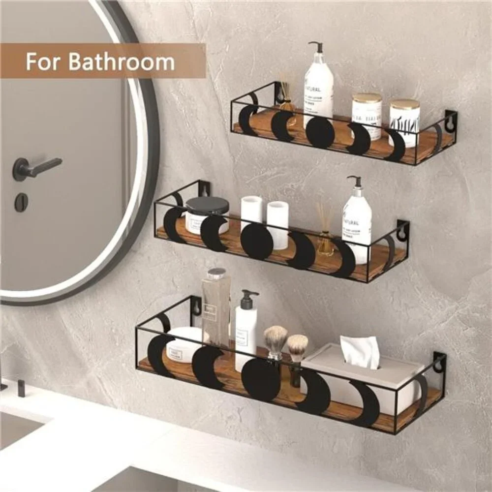Black and Brown Floating Wall Shelves, Set of 3 Moon Phase Decorative Small